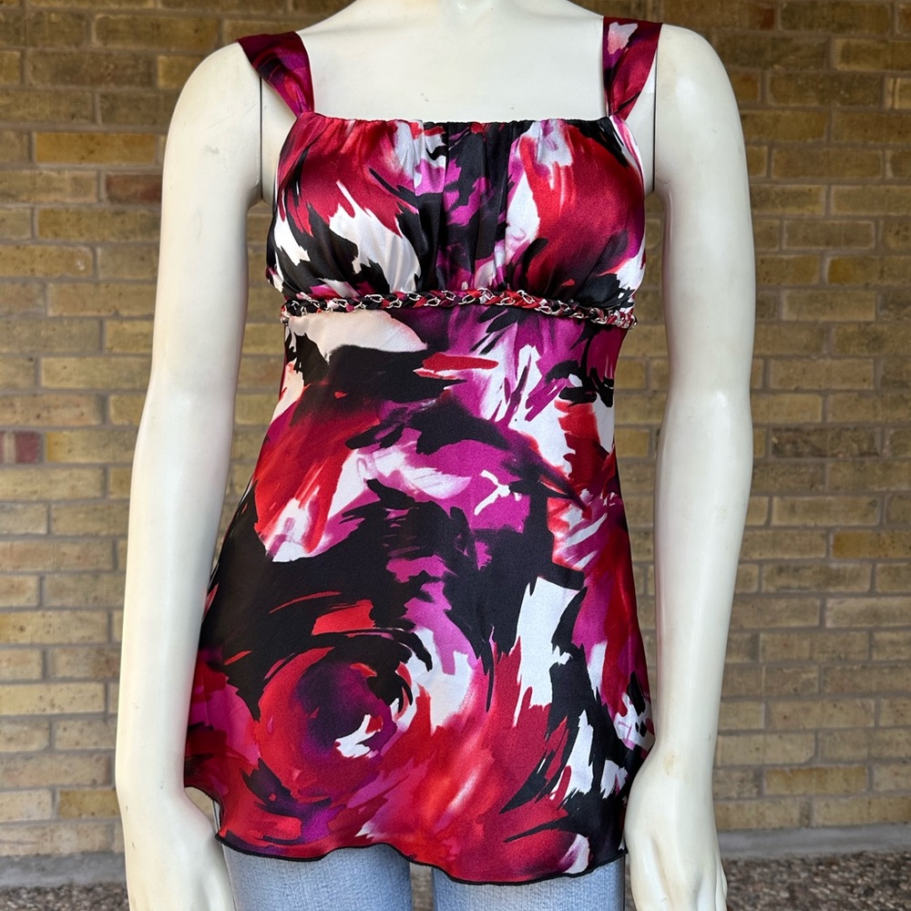 VTG 90s Y2K iz Byer California Red and Black Abstract Satin Babydoll Top